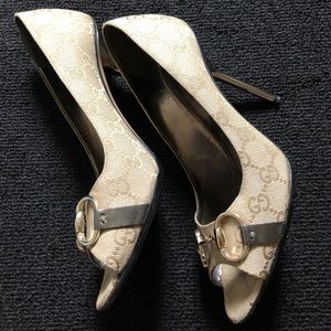 SOLD!! Gucci Canvas Horsebit Peep-Toe Pumps